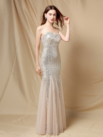 Party Dress Spaghetti Straps Tulle Sequins Elegant Long Mermaid Dress In Burgundy