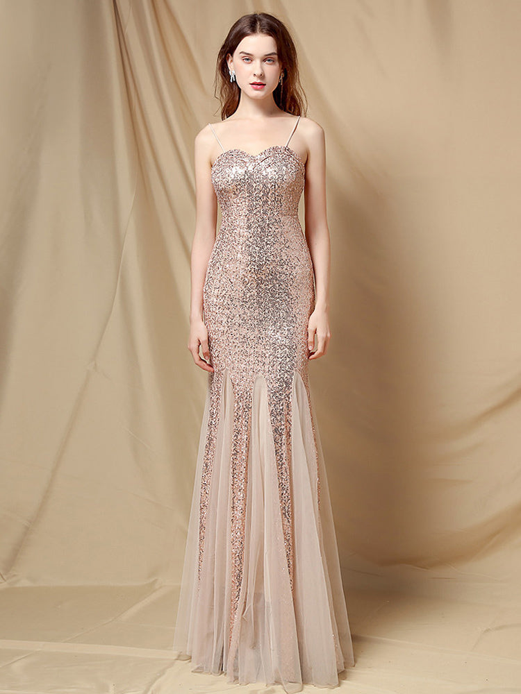 Party Dress Spaghetti Straps Tulle Sequins Elegant Long Mermaid Dress In Burgundy