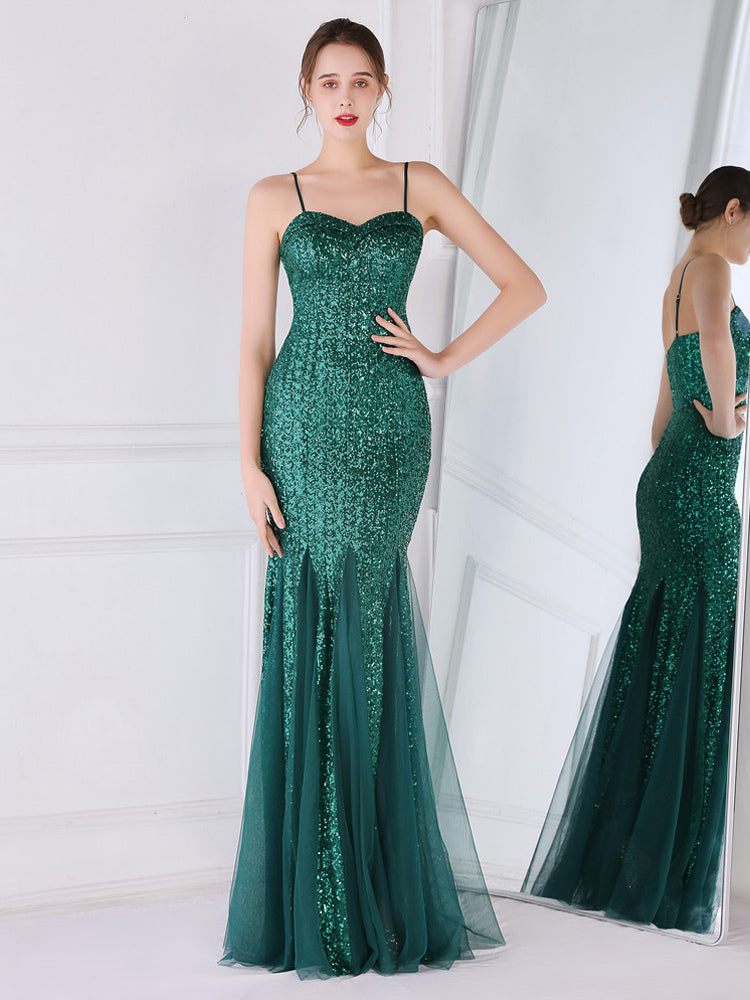 Party Dress Spaghetti Straps Tulle Sequins Elegant Long Mermaid Dress In Burgundy