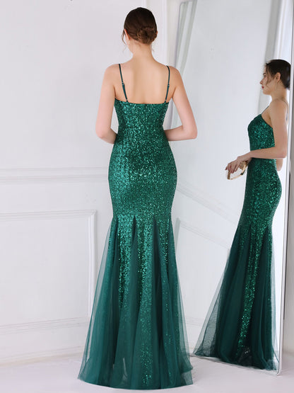 Party Dress Spaghetti Straps Tulle Sequins Elegant Long Mermaid Dress In Burgundy