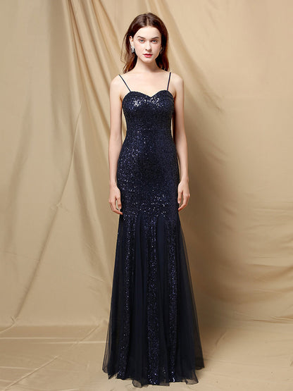 Party Dress Spaghetti Straps Tulle Sequins Elegant Long Mermaid Dress In Burgundy