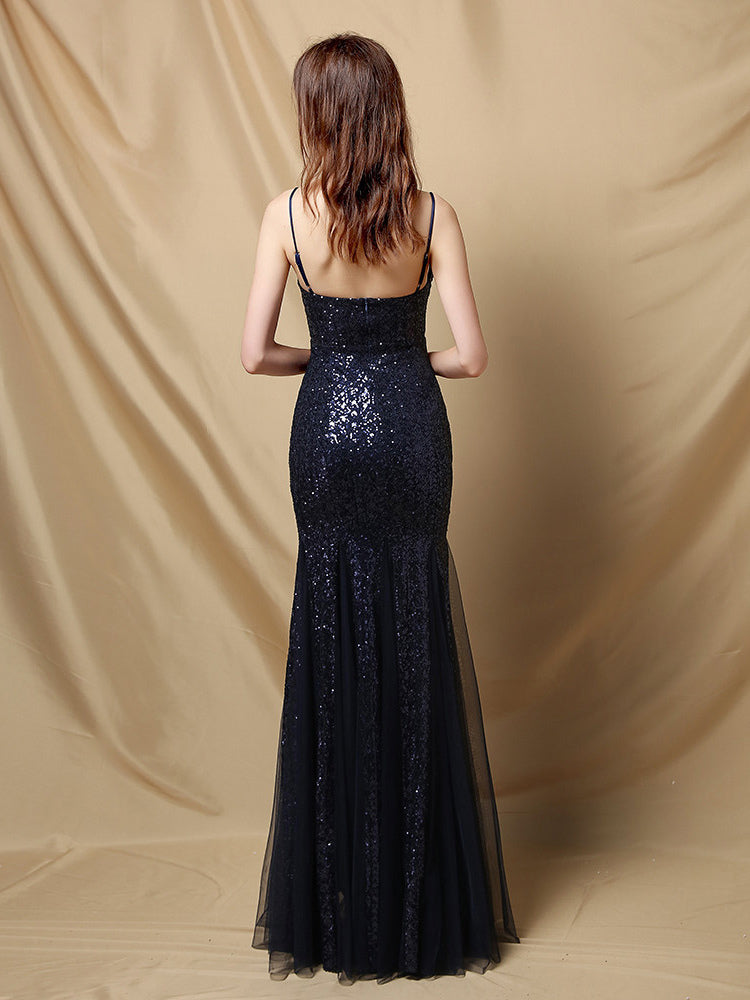 Party Dress Spaghetti Straps Tulle Sequins Elegant Long Mermaid Dress In Burgundy