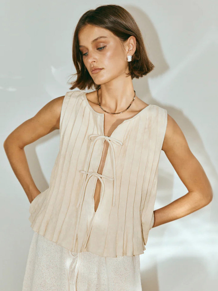 Chic Cami Top Lace Up Pleated Round Neck Summer Casual Women Top