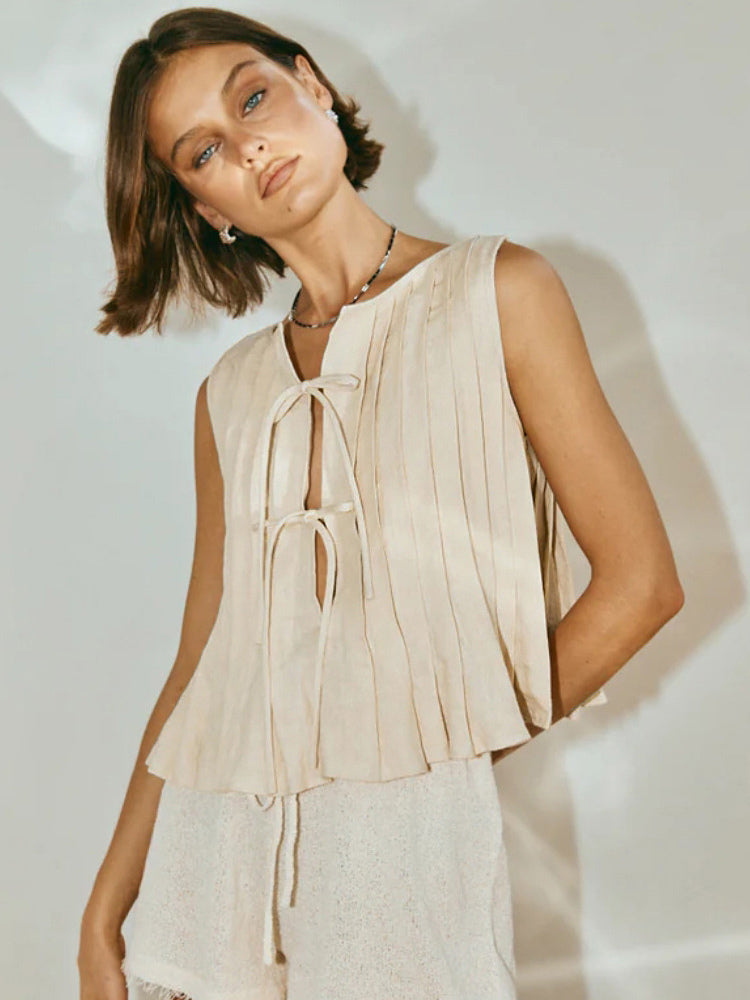 Chic Cami Top Lace Up Pleated Round Neck Summer Casual Women Top