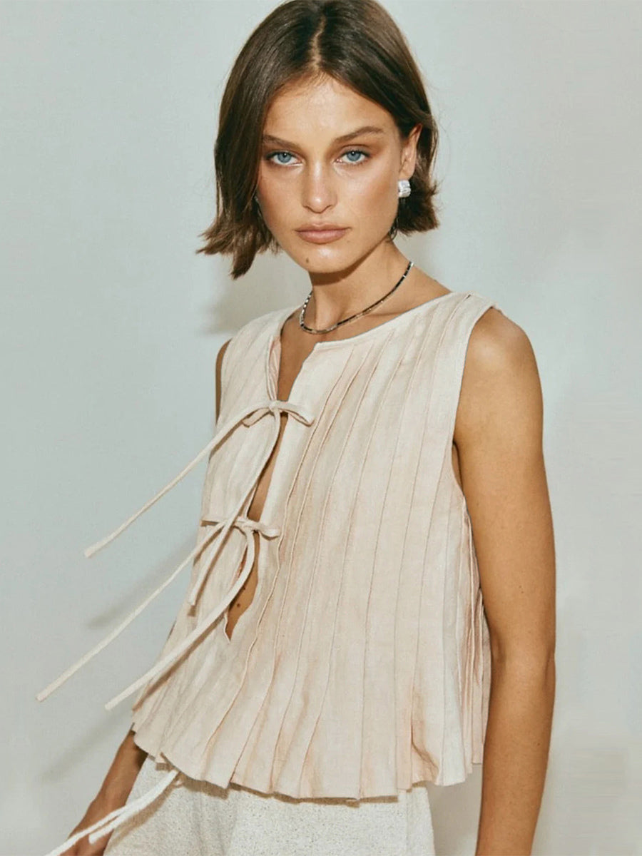 Chic Cami Top Lace Up Pleated Round Neck Summer Casual Women Top