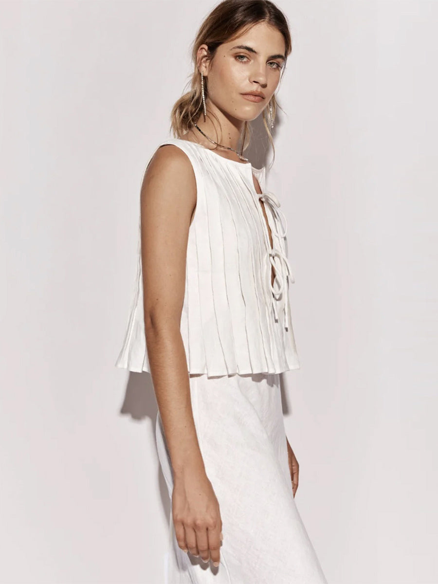 Chic Cami Top Lace Up Pleated Round Neck Summer Casual Women Top