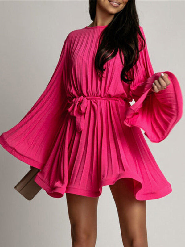 Skater Dress Boatneck Flared Sleeves Belted Office Casual Short Dress