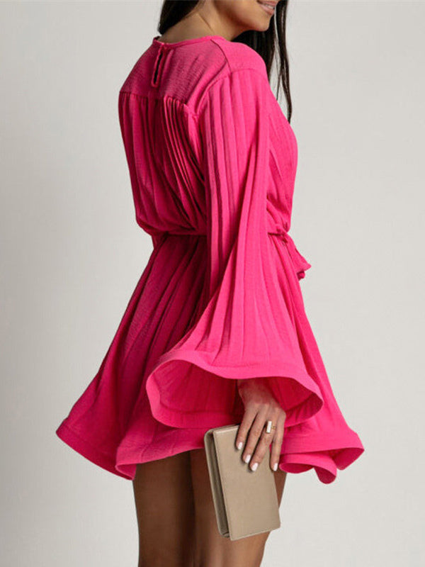 Skater Dress Boatneck Flared Sleeves Belted Office Casual Short Dress