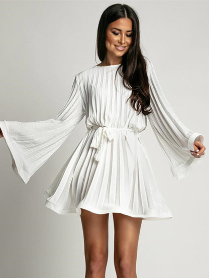 Skater Dress Boatneck Flared Sleeves Belted Office Casual Short Dress