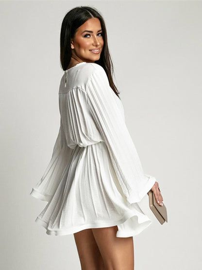 Skater Dress Boatneck Flared Sleeves Belted Office Casual Short Dress