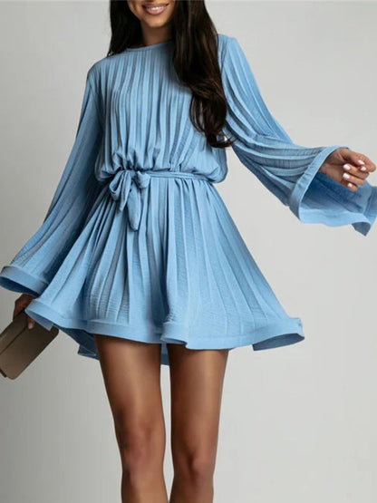 Skater Dress Boatneck Flared Sleeves Belted Office Casual Short Dress