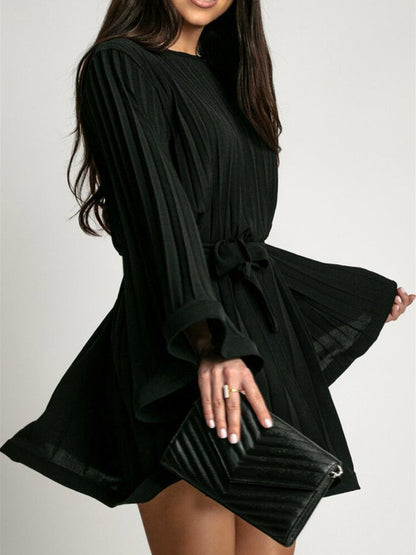 Skater Dress Boatneck Flared Sleeves Belted Office Casual Short Dress