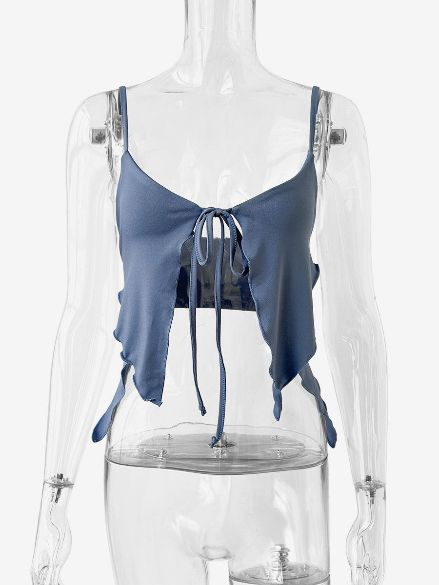 Baby Blue Cami Top Straps Neck Lace Up Sexy Irregular Polyester Camis For Women