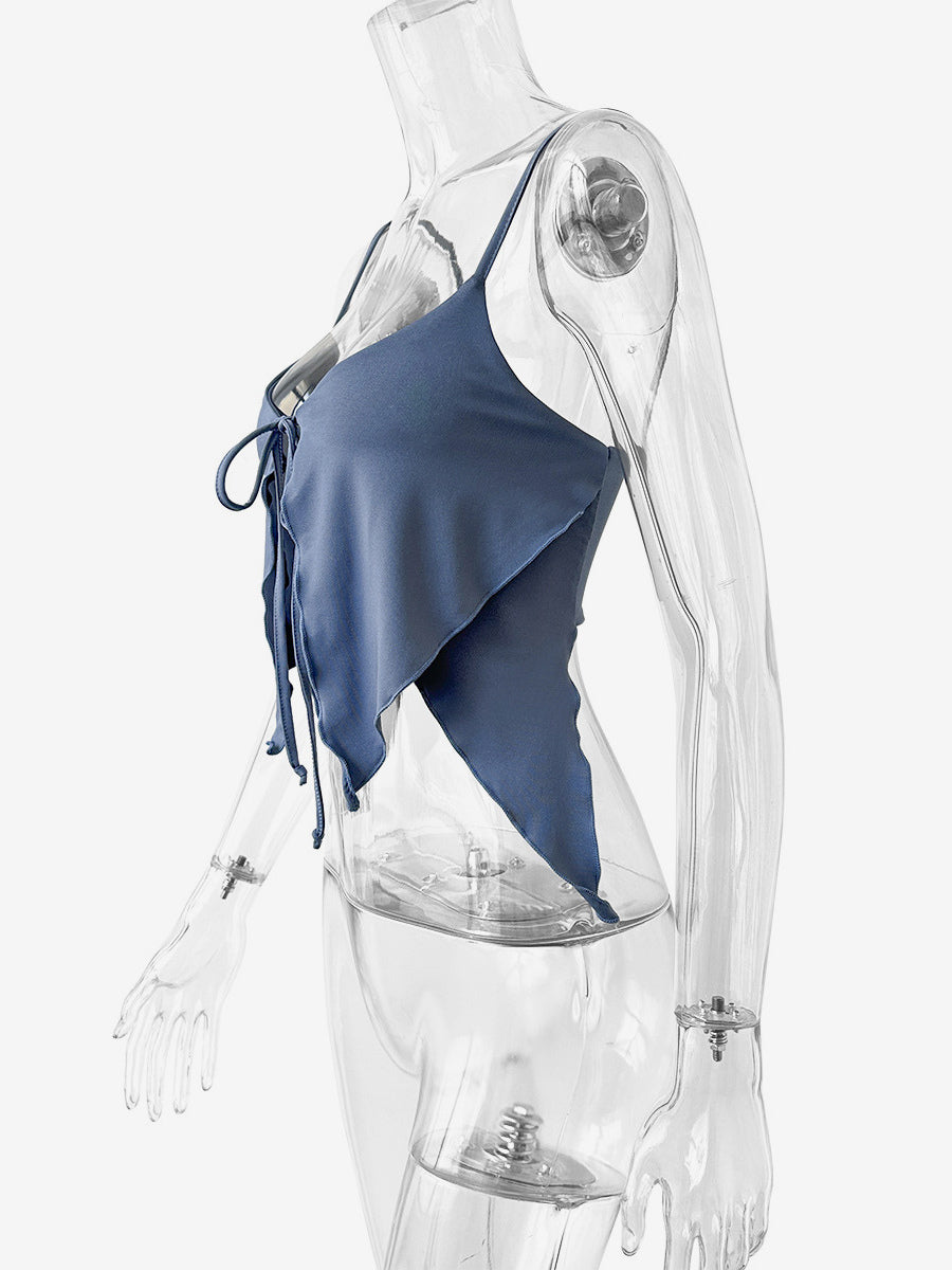 Baby Blue Cami Top Straps Neck Lace Up Sexy Irregular Polyester Camis For Women