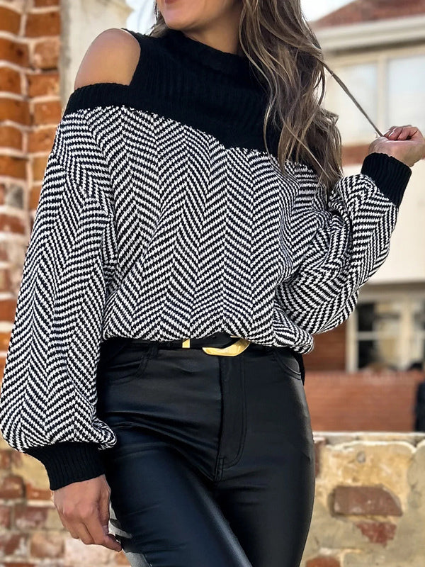 Pullovers For Women Black Color Block Jewel Neck Long Sleeves Open Shoulder Acrylic Sweaters