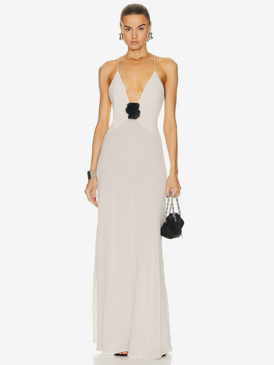 Elegant Deep V-Neck Maxi Gown for Women - Sexy Backless Slim Fit Long Slip Dress with Flower Corsage - Summer Party 2026