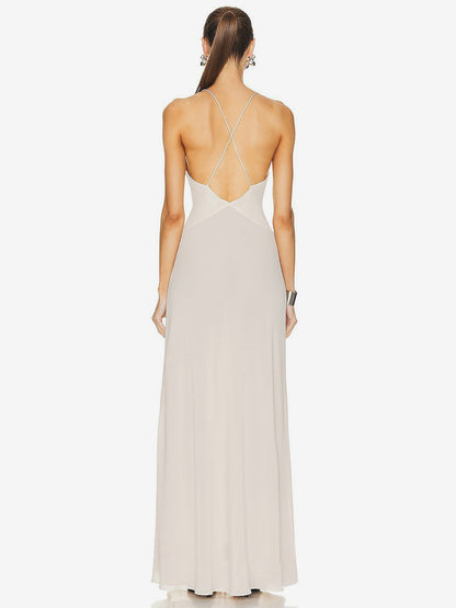 Elegant Deep V-Neck Maxi Gown for Women - Sexy Backless Slim Fit Long Slip Dress with Flower Corsage - Summer Party 2026