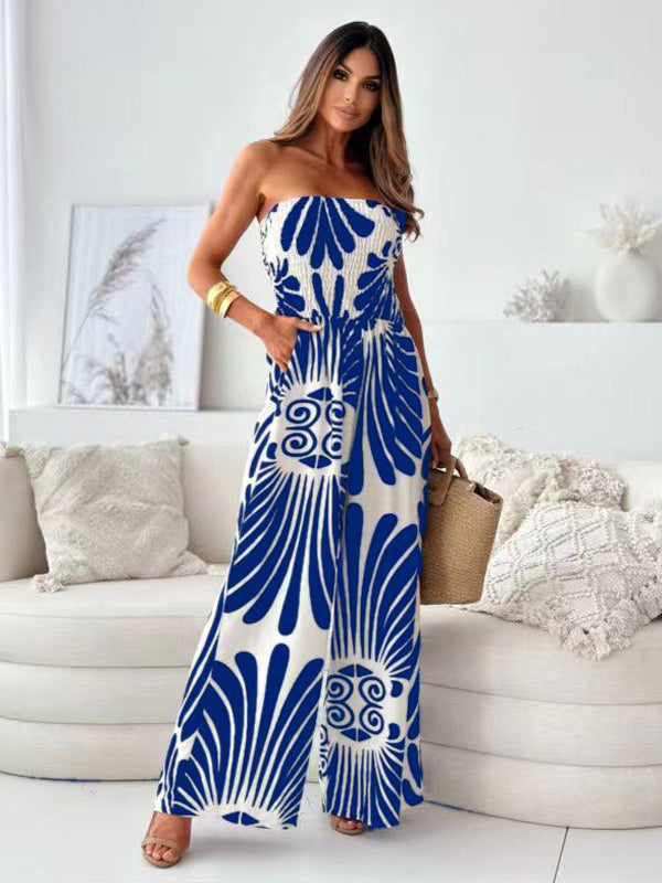 Dark Navy Printed Strapless Sleeveless Polyester Straight Summer One Piece Outfit