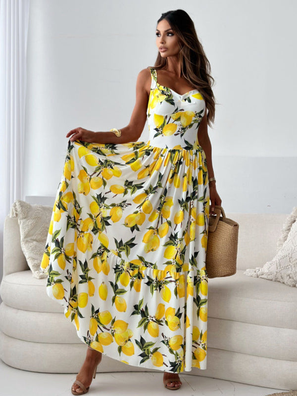 Lemon Print Maxi Sundress for Women - Yellow Boho Sleeveless V-Neck Tiered A-Line Swing Gown - Summer Holiday 2026