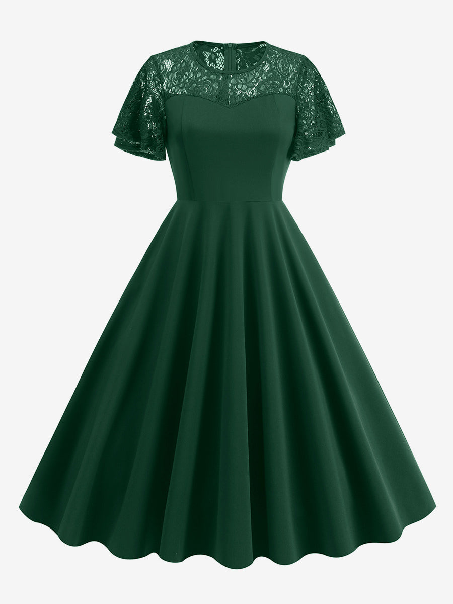 Vintage Dress 1950s Style Jewel Neck Lace Short Sleeves Medium Burgundy Swing Dress