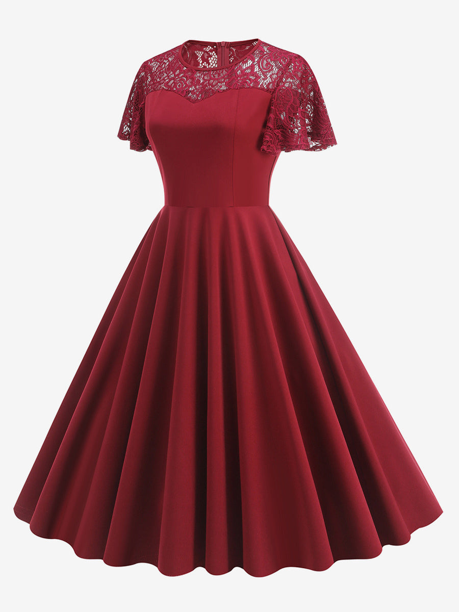 Vintage Dress 1950s Style Jewel Neck Lace Short Sleeves Medium Burgundy Swing Dress