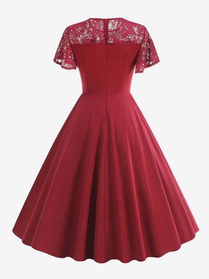 Vintage Dress 1950s Style Jewel Neck Lace Short Sleeves Medium Burgundy Swing Dress