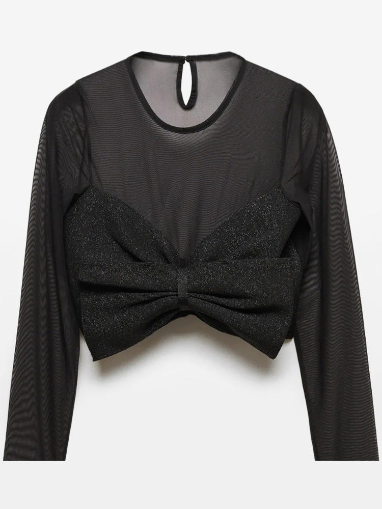 Women Crop Top Black Jewel Neck Sexy Pleated Long Sleeves Polyester Tops