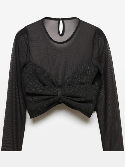 Women Crop Top Black Jewel Neck Sexy Pleated Long Sleeves Polyester Tops