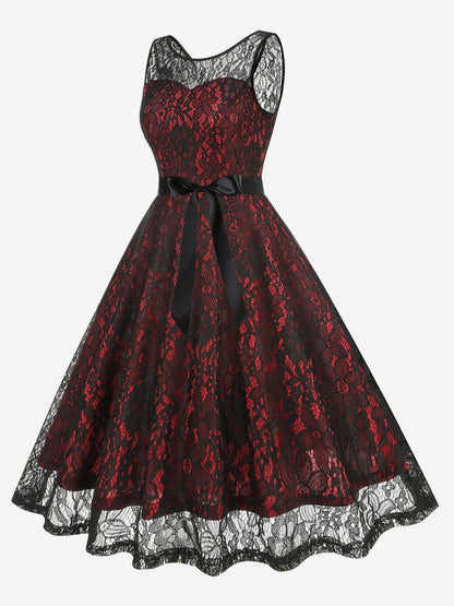 Retro Dress Green 1950s Style Two-Tone Sash Sleeveless V-Neck Medium Rockabilly Dress