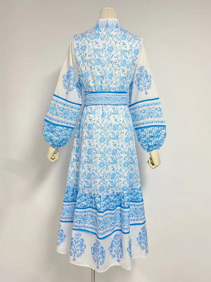 Floral Print Midi Dress for Women - Lantern Sleeve Stand Collar A-Line Belted Folklore Gown - Spring Garden Party 2026