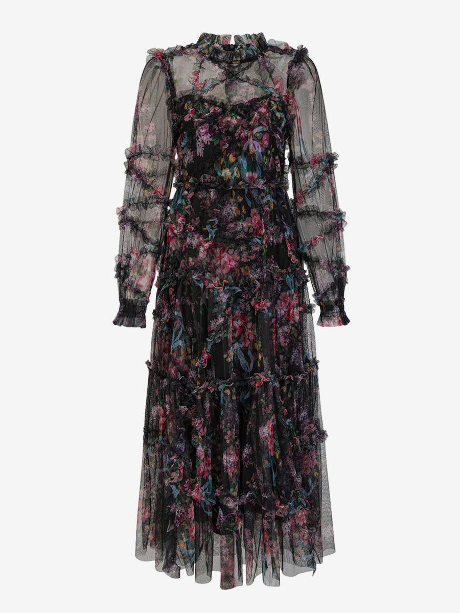 Party Dress Ruffles Layered Illusion Sleeves Elegant Folklore Long Dress