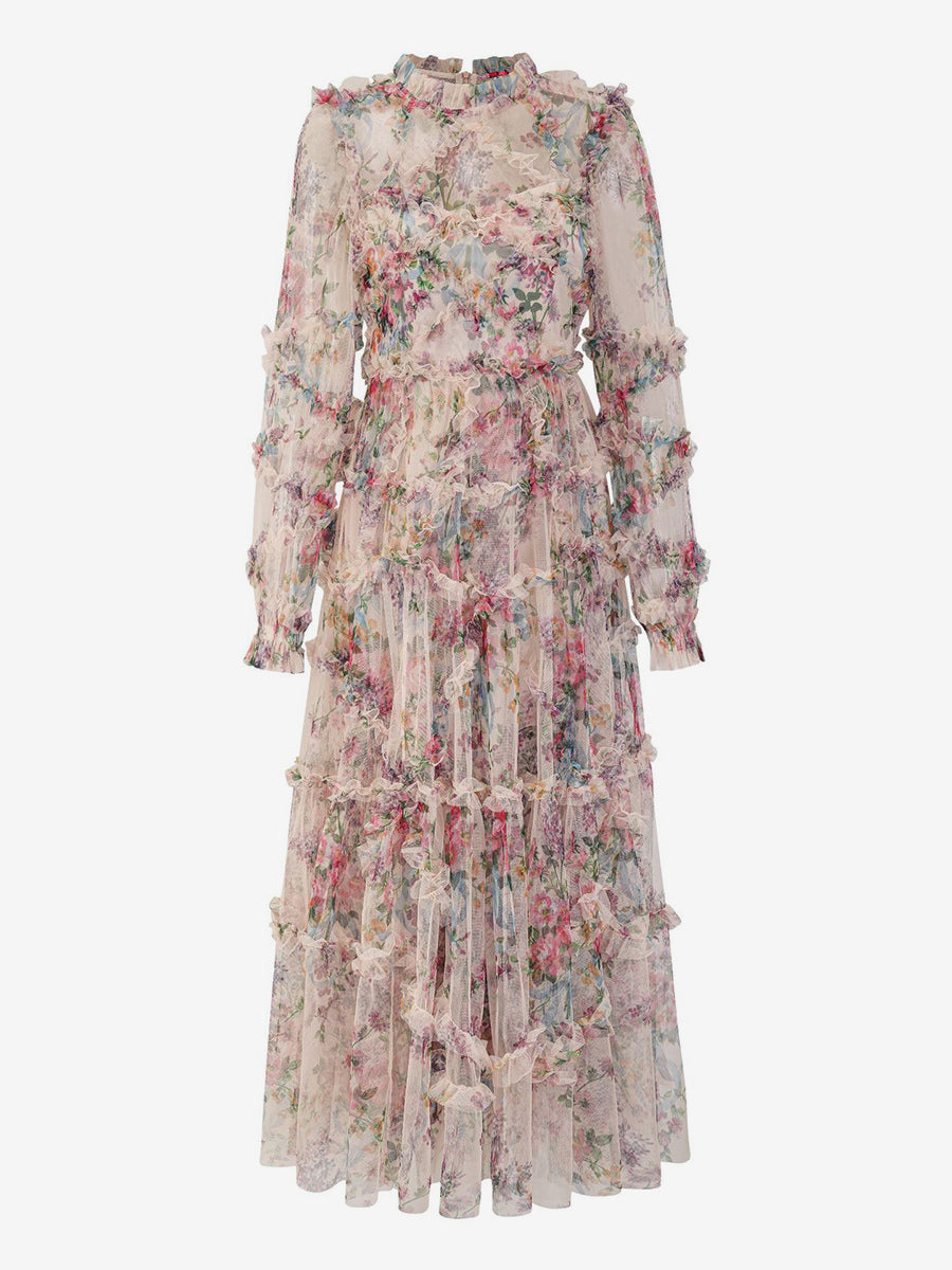 Party Dress Ruffles Layered Illusion Sleeves Elegant Folklore Long Dress