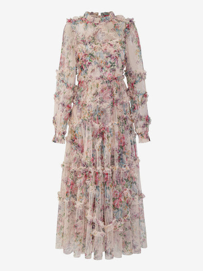 Party Dress Ruffles Layered Illusion Sleeves Elegant Folklore Long Dress