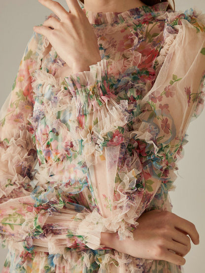 Party Dress Ruffles Layered Illusion Sleeves Elegant Folklore Long Dress
