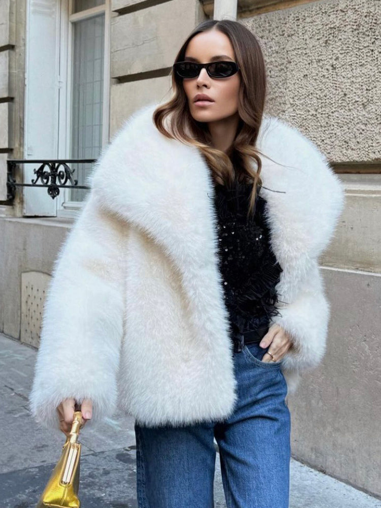 Faux Fur Coat Lapel Chic White Winter Eco-friendly Fur Jacket