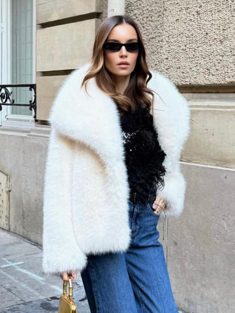 Faux Fur Coat Lapel Chic White Winter Eco-friendly Fur Jacket