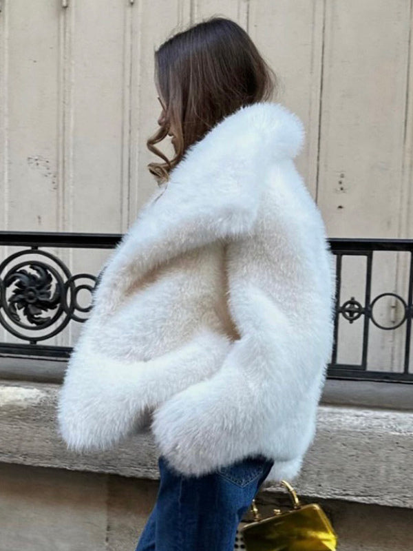 Faux Fur Coat Lapel Chic White Winter Eco-friendly Fur Jacket