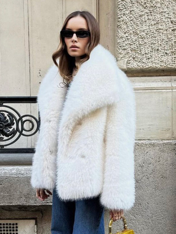 Faux Fur Coat Lapel Chic White Winter Eco-friendly Fur Jacket