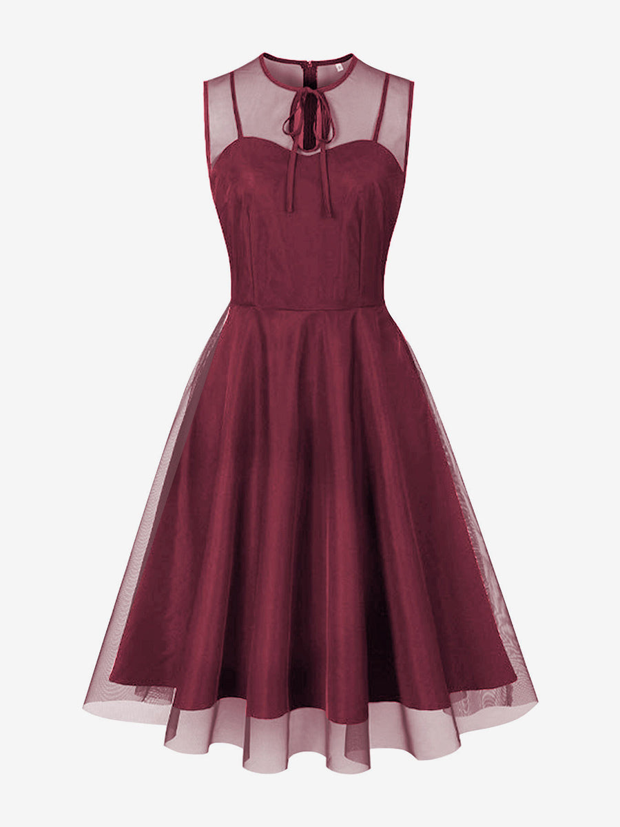 Retro Dress Burgundy Sheer 1950s Style Bows Sleeveless Jewel Neck Medium Rockabilly Dress