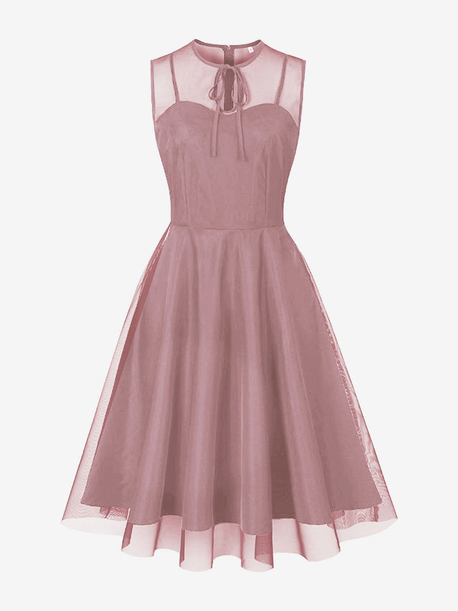 Retro Dress Burgundy Sheer 1950s Style Bows Sleeveless Jewel Neck Medium Rockabilly Dress