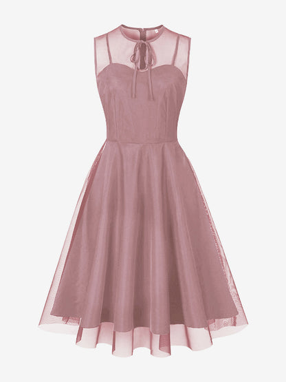Retro Dress Burgundy Sheer 1950s Style Bows Sleeveless Jewel Neck Medium Rockabilly Dress
