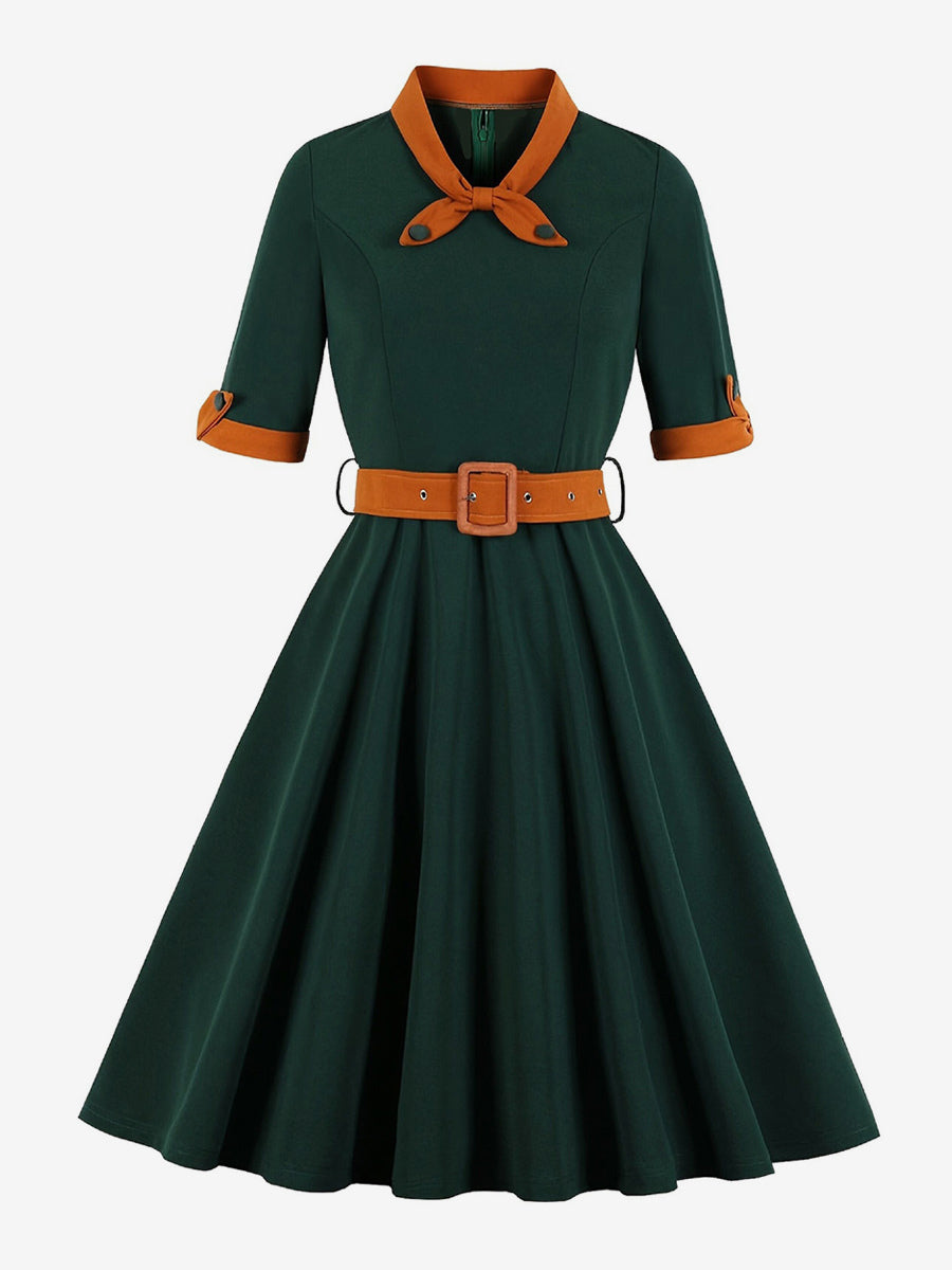 Vintage Dress 1950s Yellow Two-Tone Bows Short Sleeves Embellished Collar Medium Swing Dress