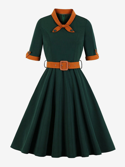 Vintage Dress 1950s Yellow Two-Tone Bows Short Sleeves Embellished Collar Medium Swing Dress