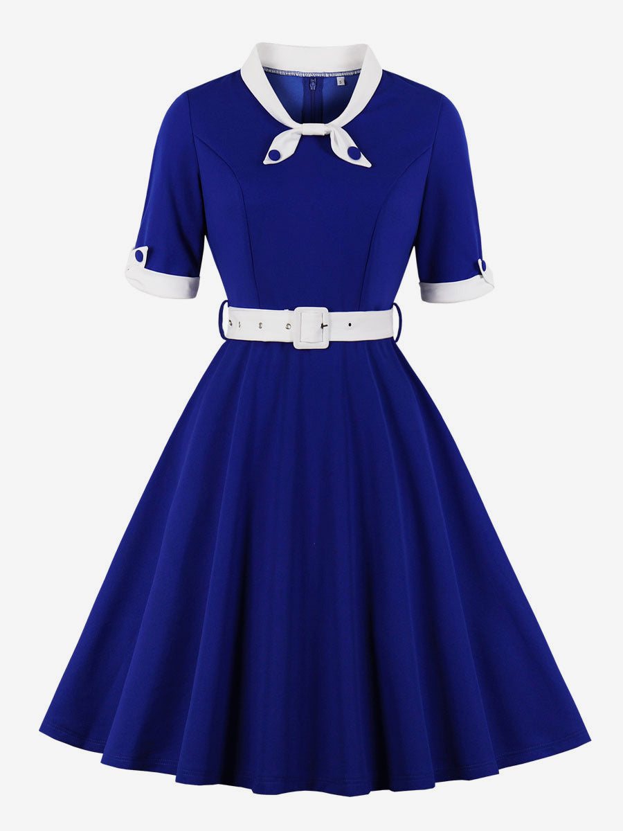Vintage Dress 1950s Yellow Two-Tone Bows Short Sleeves Embellished Collar Medium Swing Dress