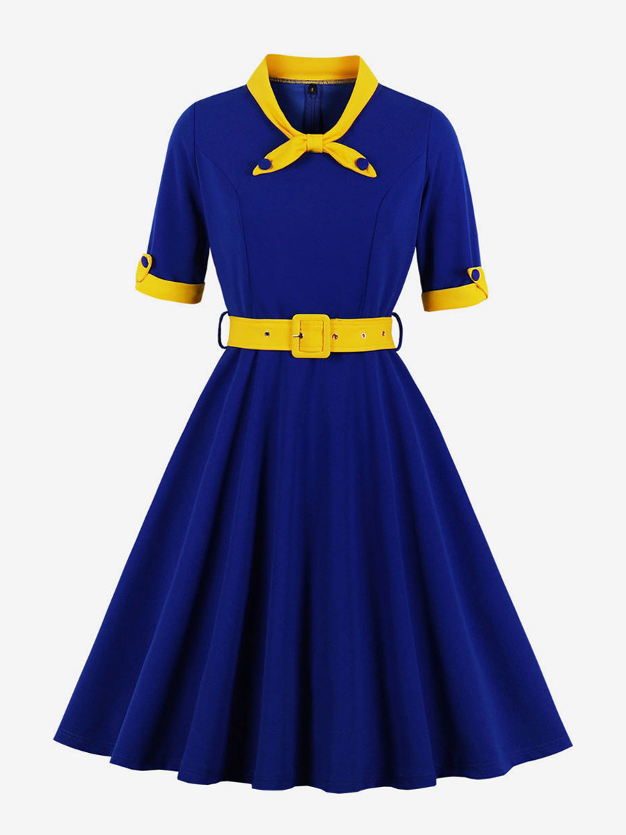 Vintage Dress 1950s Yellow Two-Tone Bows Short Sleeves Embellished Collar Medium Swing Dress