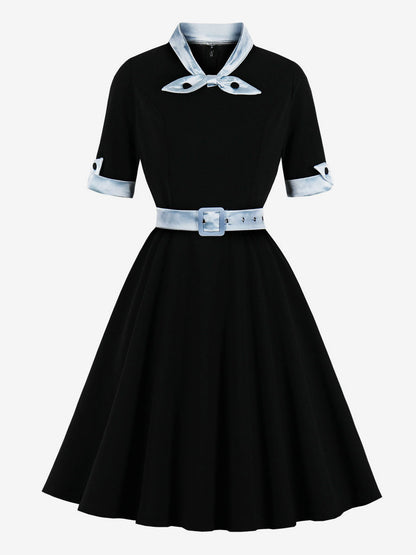 Vintage Dress 1950s Yellow Two-Tone Bows Short Sleeves Embellished Collar Medium Swing Dress