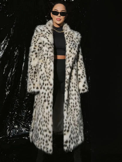 Leopard Print Faux Fur Coats Oversized Lapel Winter Belted Long Jacket For 2026