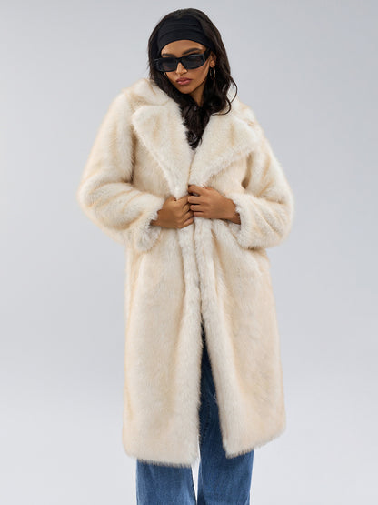 White Faux Fur Coats Notched Lapel Oversized Winter Long Jacket For Women 2026