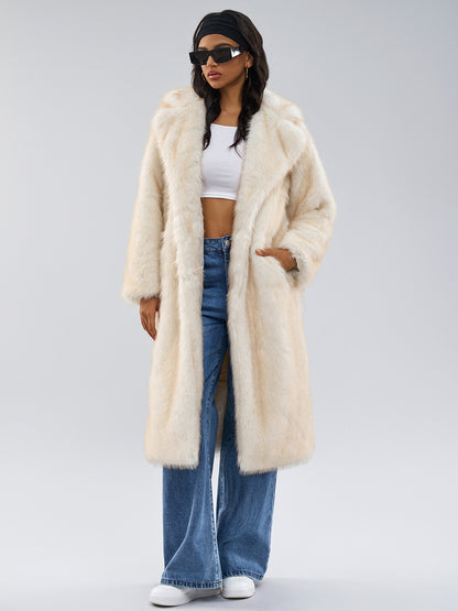White Faux Fur Coats Notched Lapel Oversized Winter Long Jacket For Women 2026