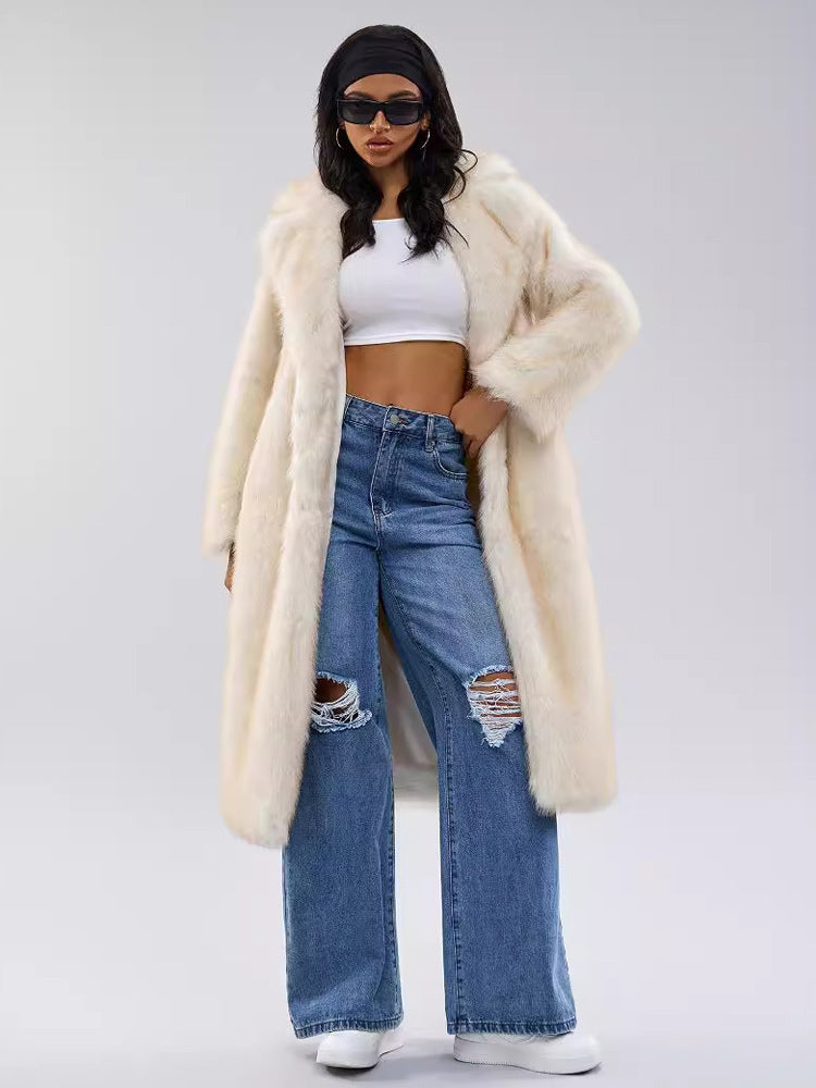 White Faux Fur Coats Notched Lapel Oversized Winter Long Jacket For Women 2026